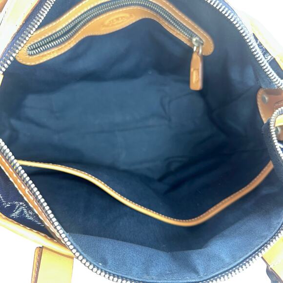 Tod’s Navy Coated Canvas Tote Tan Leather Trim Missing Crossbody Strap - Picture 11 of 13